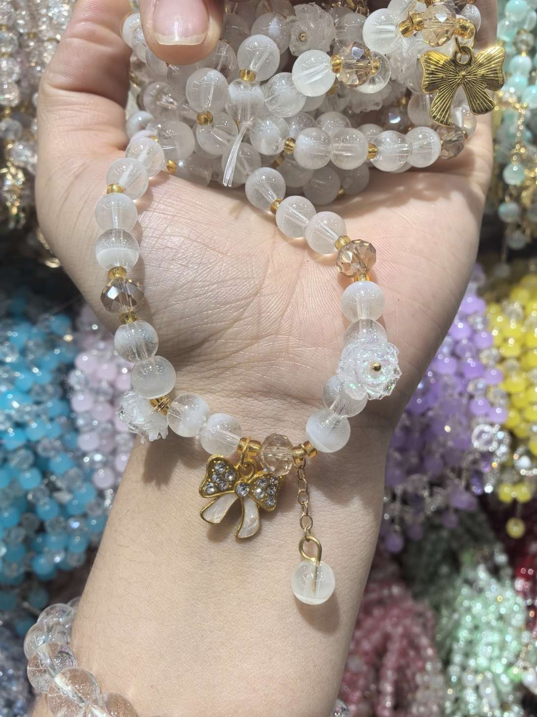 花朵双色重工手链  双色玻璃仿水晶手链 蝴蝶结吊坠
