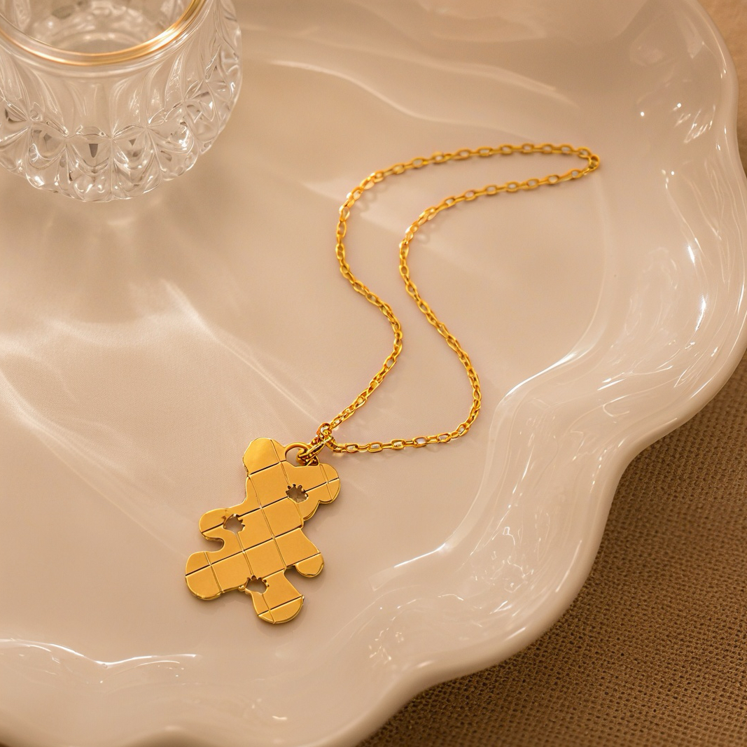 Checkered cut bear hollowed-out pendant, fine pendant, matte gold stainless steel neck accessory, simple and playful, a daily single-wear collarbone necklace for a girl Specification image