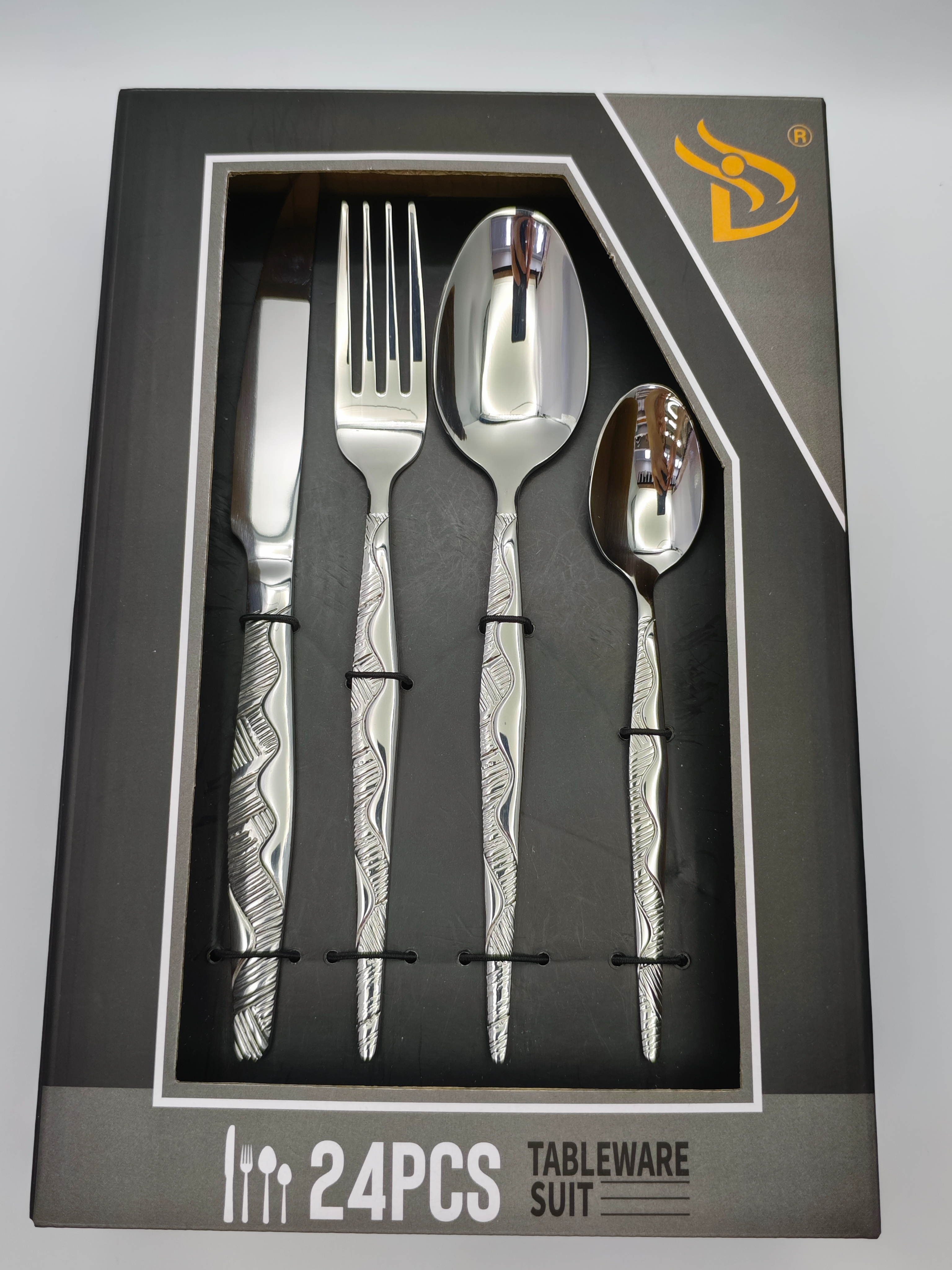 Silver wavy pattern hotel knife, fork and spoon 24-piece set, stainless steel 4 main parts, black box