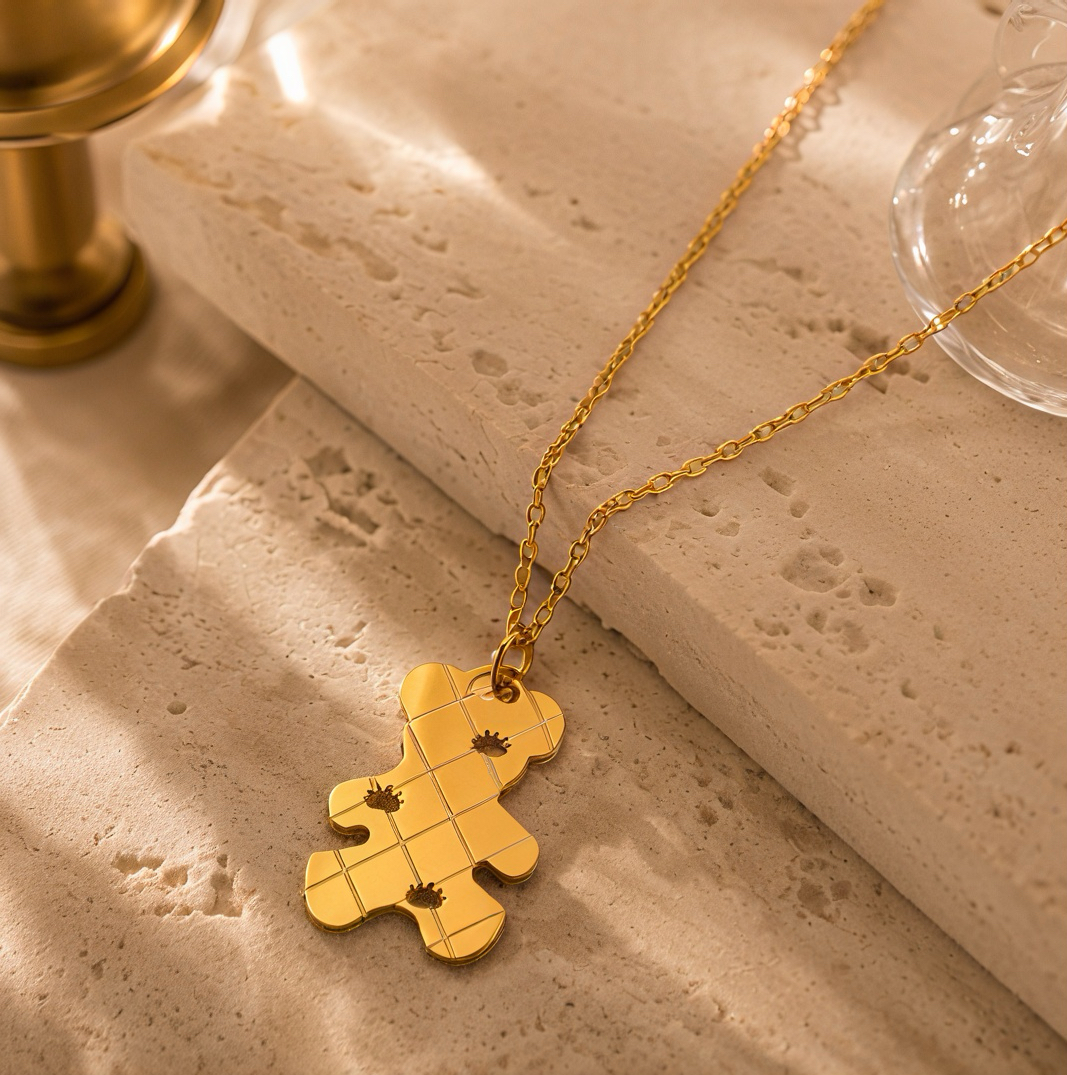 Checkered cut bear hollowed-out pendant, fine pendant, matte gold stainless steel neck accessory, simple and playful, a daily single-wear collarbone necklace for a girl details Picture