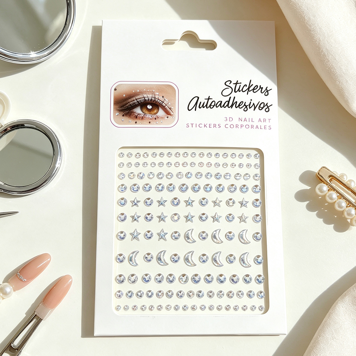 Apply star and moon ornaments on the face, eye makeup, bright diamonds, tear diamonds, diamond stickers, concert, electronic music festival stage performance, water diamond facial makeup stickers Specification image