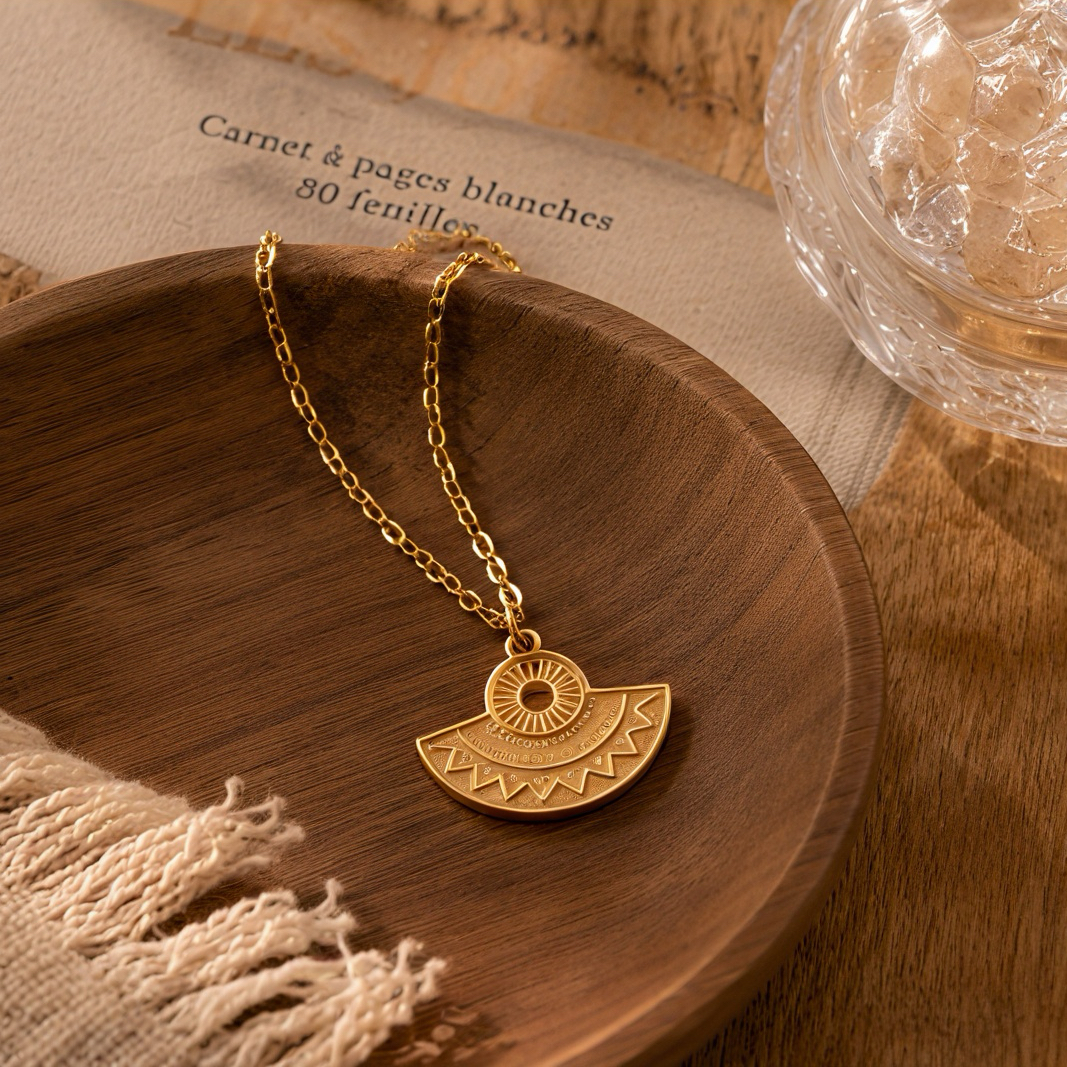 Geometric fan-shaped sun relief pendant, flat oval fine gold necklace, retro aged stainless steel jewelry, exotic tribal style, niche stacked collarbone chain Application Scenario
