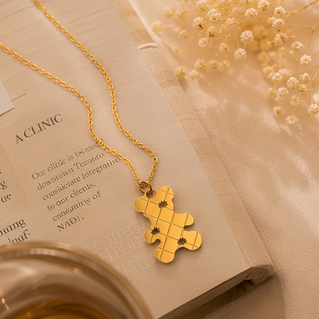 Checkered cut bear hollowed-out pendant, fine pendant, matte gold stainless steel neck accessory, simple and playful, a daily single-wear collarbone necklace for a girl Application Scenario