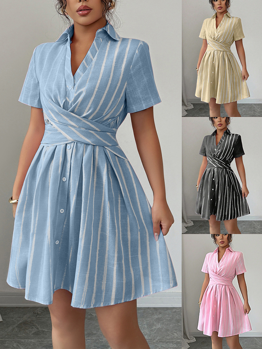 Ladies' summer casual and elegant design V-neck cross-laced waist-cinching short-sleeved striped shirt short dress