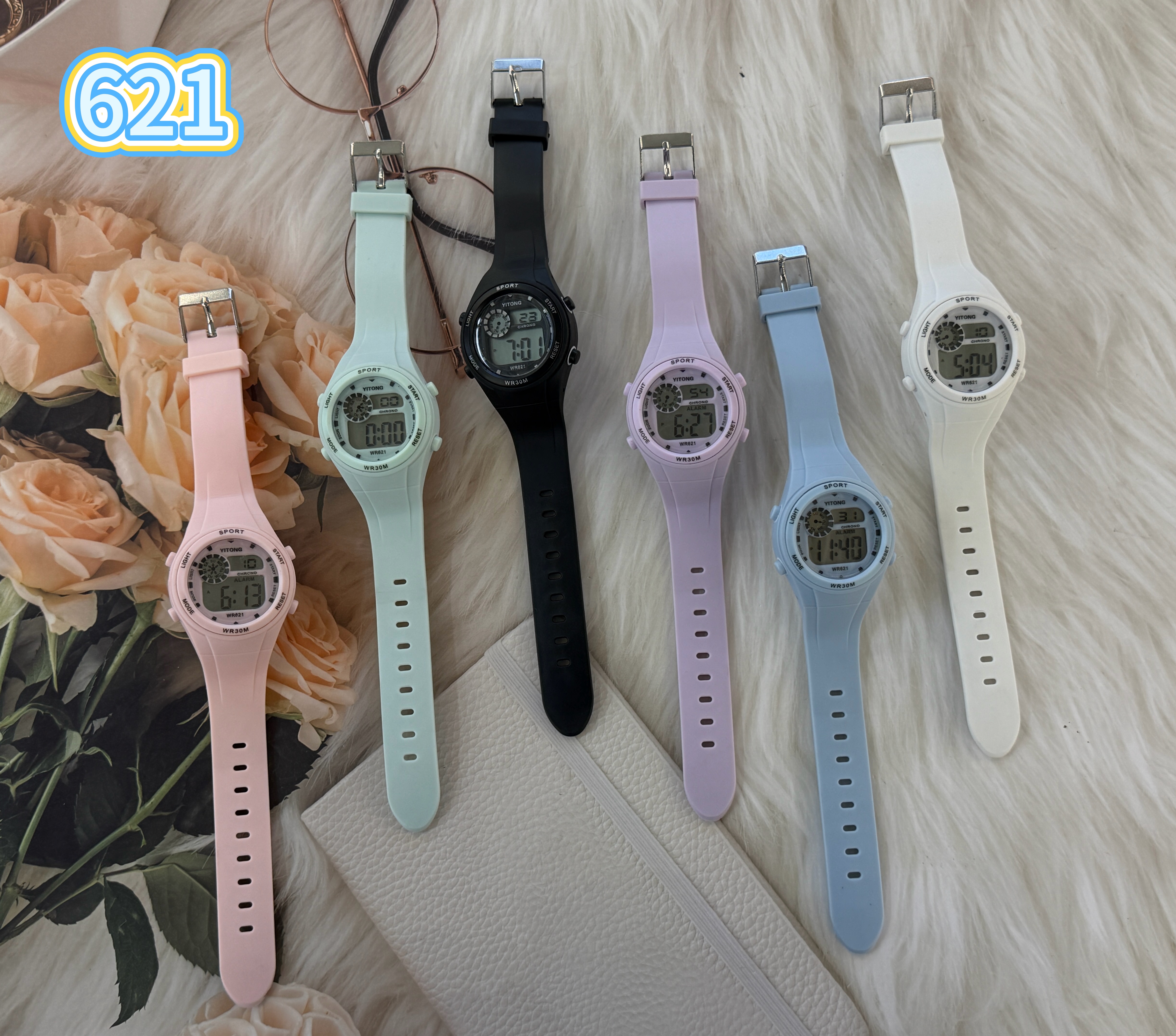 New six-color electronic watch: white, black, light blue, mint green, pink, light purple, transparent display stand, children and students electronic watch details Picture