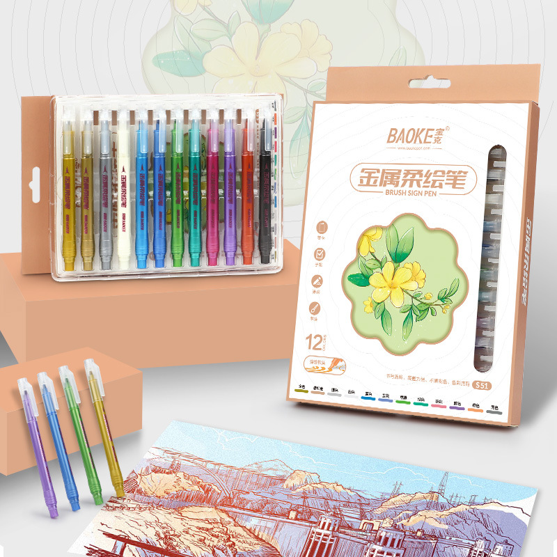 Bok soft-tipped elegant pen, water-based signature art painting planner pen, glitter marker pen, metallic color drawing pen