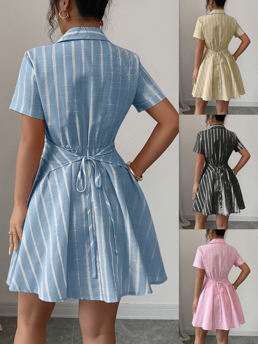 Ladies' summer casual and elegant design V-neck cross-laced waist-cinching short-sleeved striped shirt short dress Application Scenario