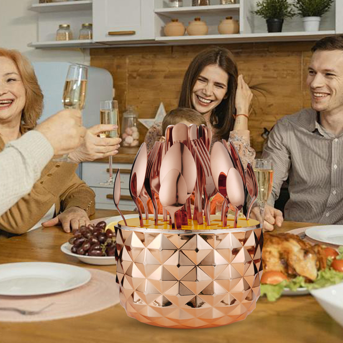 Golden pineapple egg-shaped tableware set: 4 main items of knife, fork and spoon, 24 pieces set, gold and silver pineapple egg box details Picture