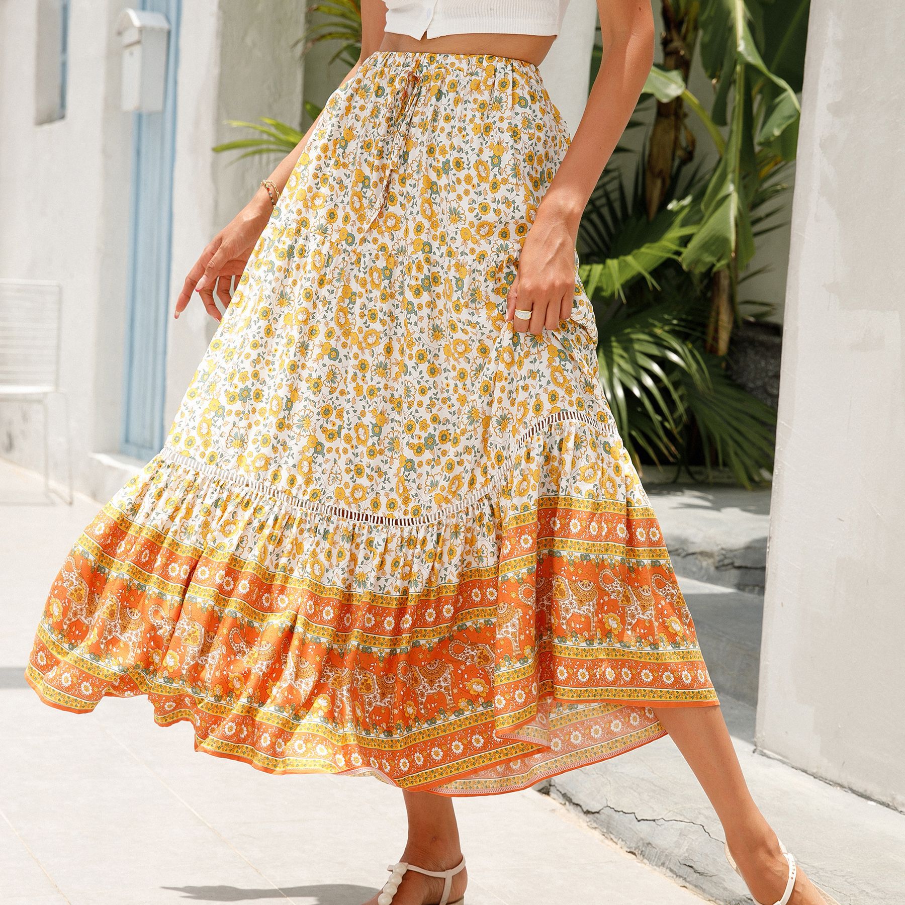 Real shot, in-stock cross-border trade, Amazon independent station, new European and American half-length skirts, cotton beach vacation skirts