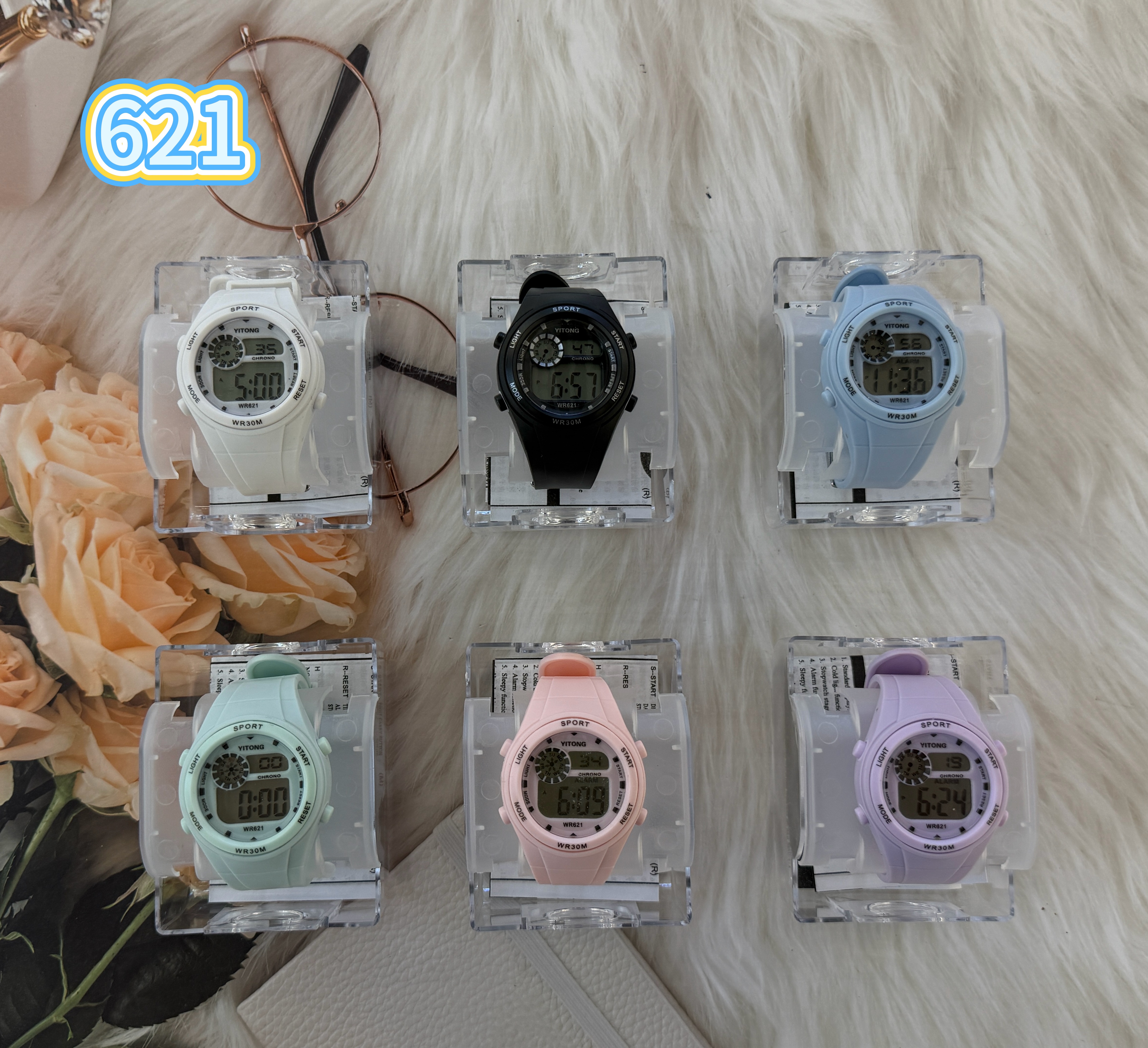 New six-color electronic watch: white, black, light blue, mint green, pink, light purple, transparent display stand, children and students electronic watch