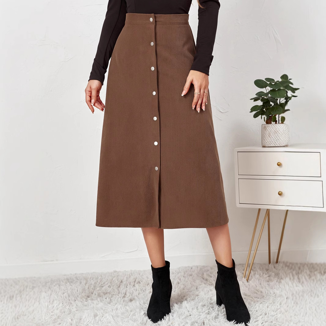 2026 New women's Amazon independent store corduroy half skirt, single-breasted high-waisted autumn and winter long skirt for women, large skirt hem