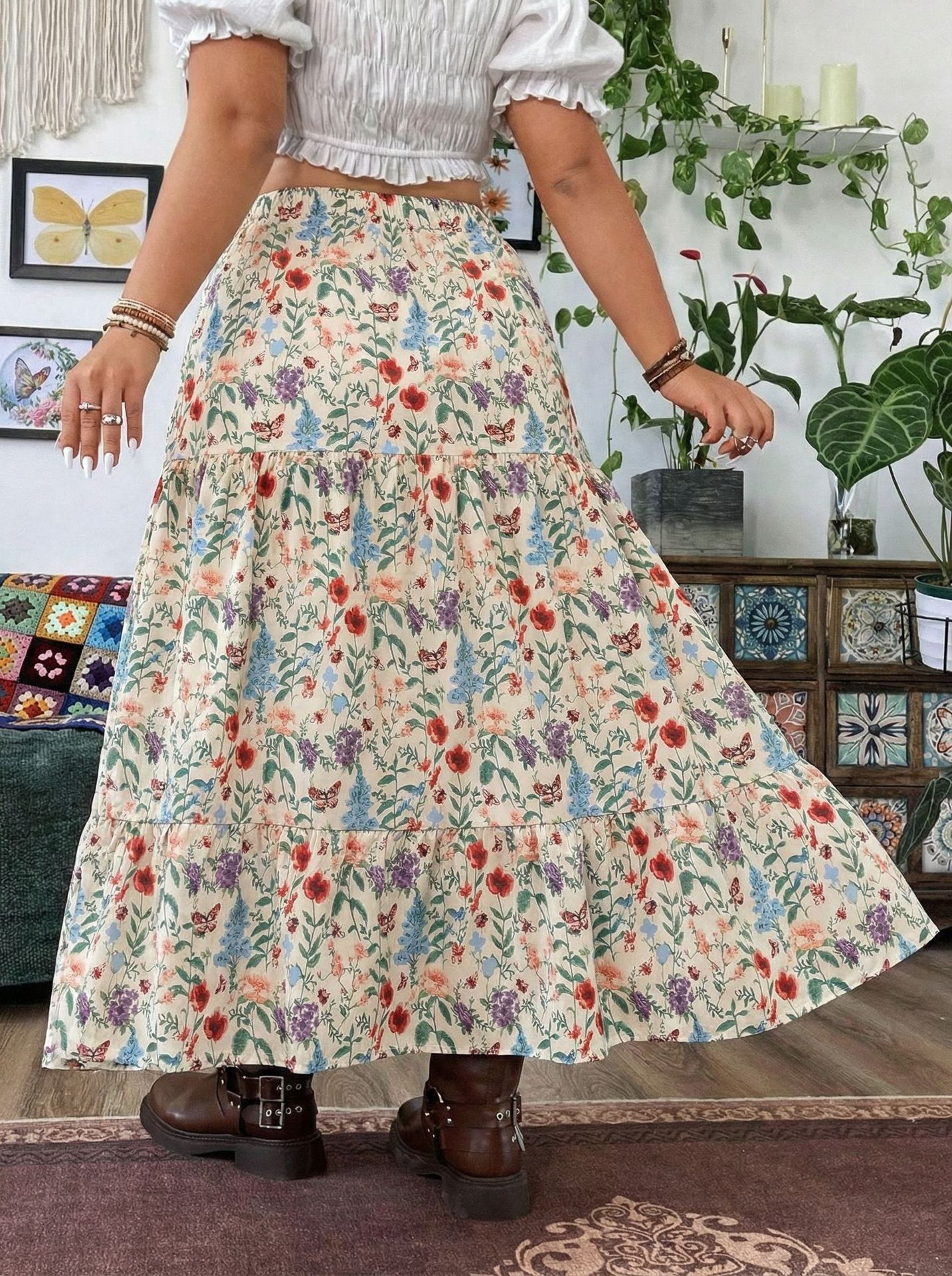 A new large-sized, high-waisted, slimming A-line floral print MIDI dress from Europe and America in summer, featuring retro floral prints Application Scenario