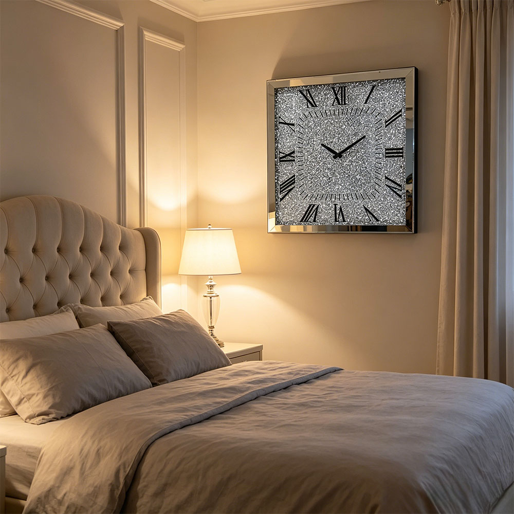 Classic and simple silver diamond-encrusted artistic glass wall clock, art glass wall clock for home entrance, bedroom, hall and study, silver Nordic style silent countdown machine Application Scenario