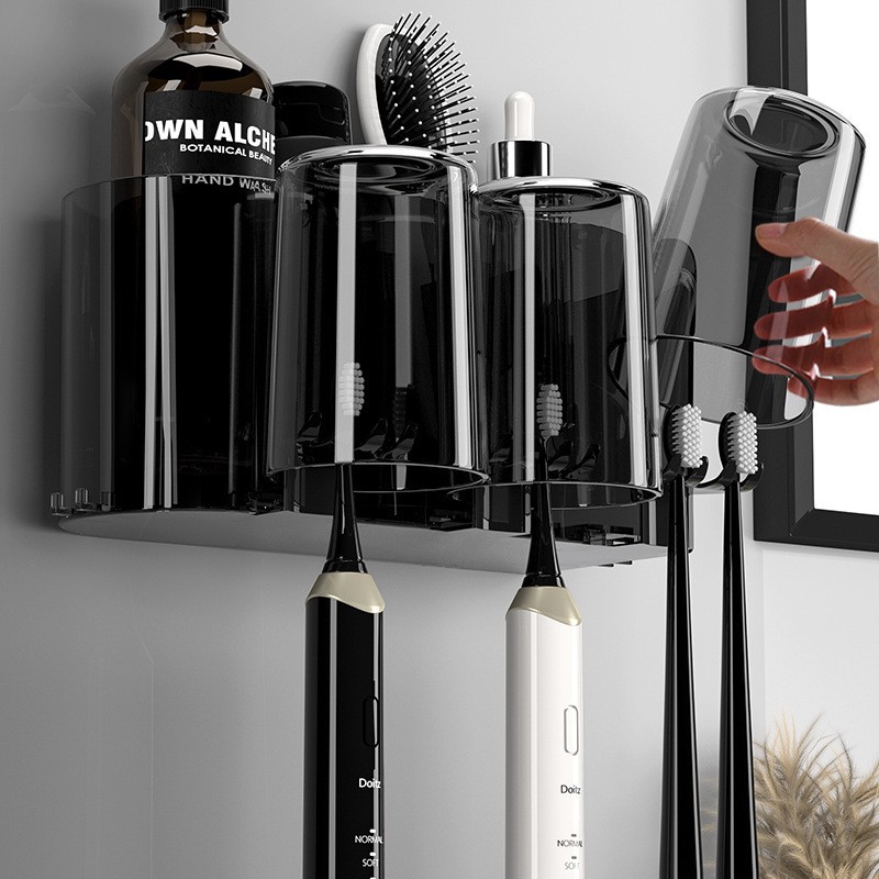 A set of toothbrush storage rack for the bathroom, a wall-mounted storage rack for mouthwash cups without holes, a toothbrush cup and toothpaste rack Application Scenario
