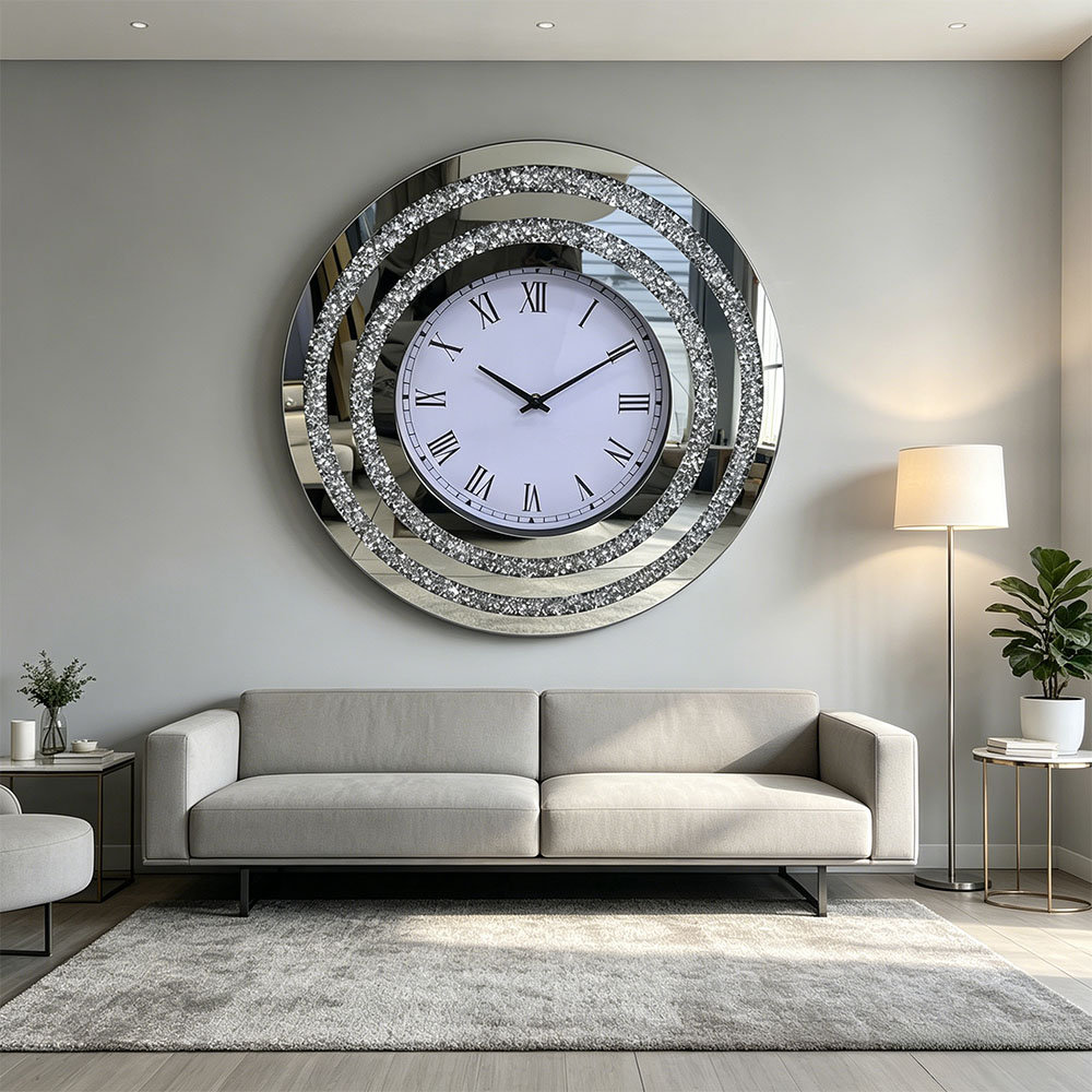 Silver crystal ring-shaped decorative clock, a simple, modern and creative wall clock for the living room and bedroom details Picture