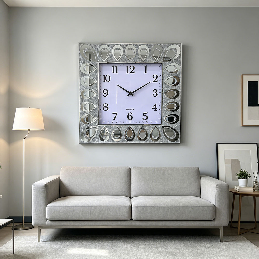 Classic silver, simple glass, European-style home wall clock, wall-mounted clock mirror, round clock, cross-border bestseller, living room decoration clock, export clock, velvet cloth, wooden home wall clock Specification image