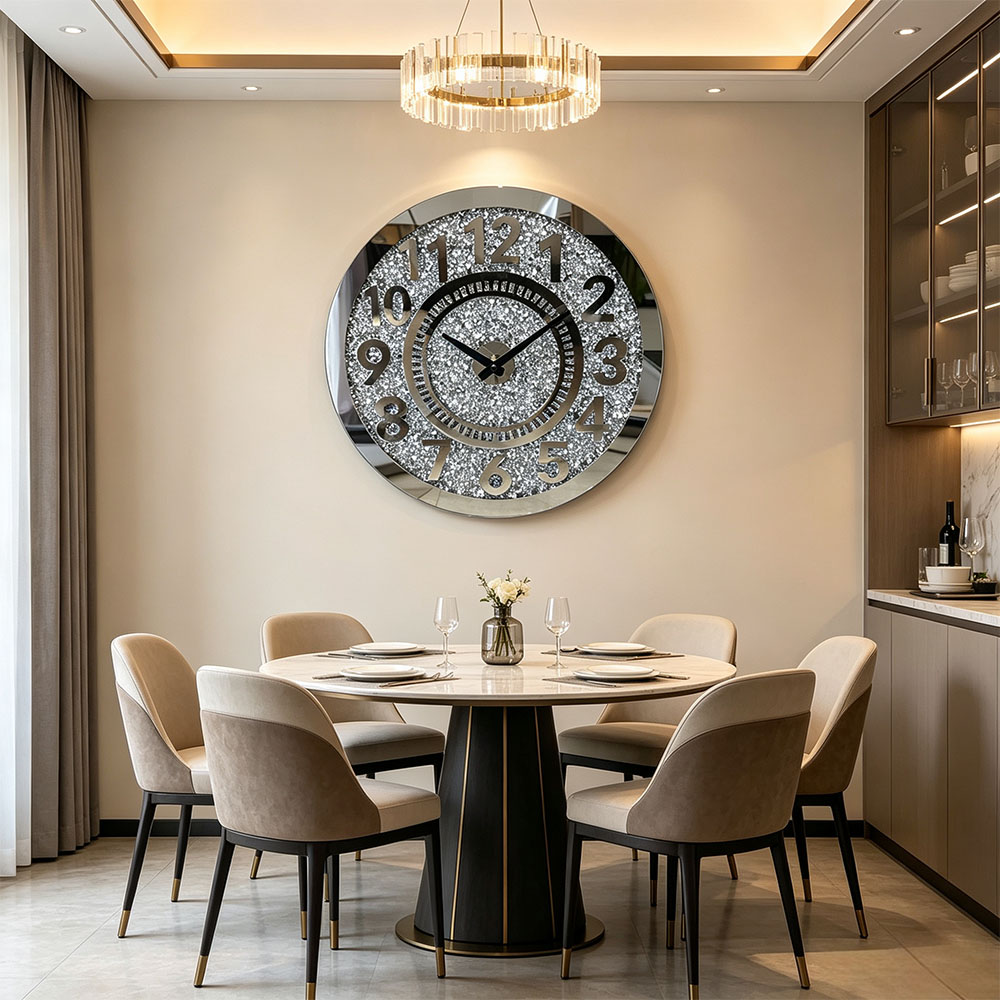 Nordic style silent second-sweeping wall clock, classic silver powder-printed wall clock, silver diamond-encrusted artistic glass wall clock, artistic glass wall clock for home entrance, bedroom, hall and study Specification image