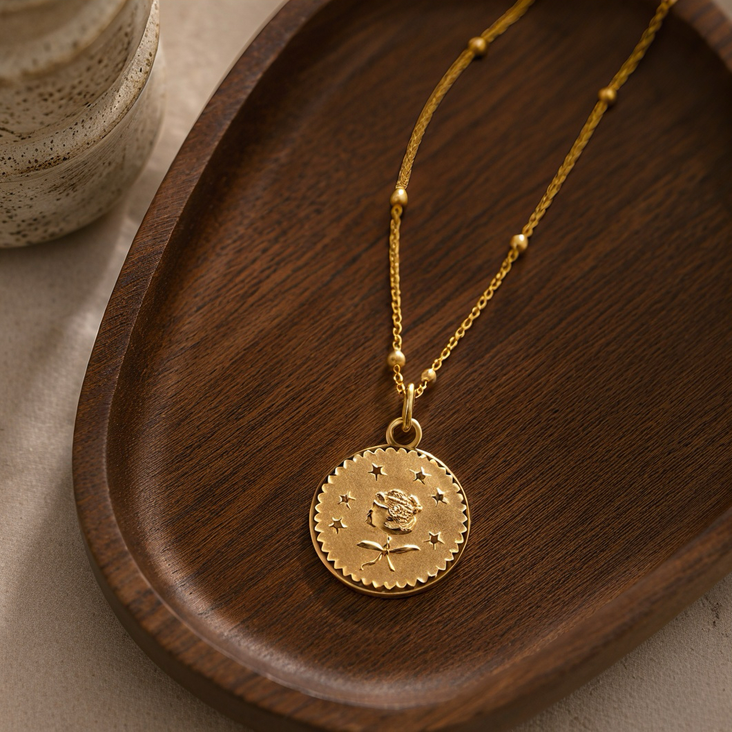 Retro golden star and moon rose relief necklace, snake bone chain, stainless steel, non-fading, gentle and artistic style, atmosphere, niche Instagram creative accessories Specification image