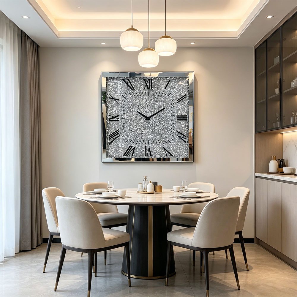 Classic and simple silver diamond-encrusted artistic glass wall clock, art glass wall clock for home entrance, bedroom, hall and study, silver Nordic style silent countdown machine Item Picture
