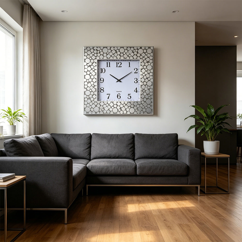 Silver simple glass European-style home wall clock, wall-mounted clock mirror, round clock, cross-border bestseller, living room decoration clock, foreign trade clock, velvet cloth, wooden home wall clock, powder-printed wall clock Specification image