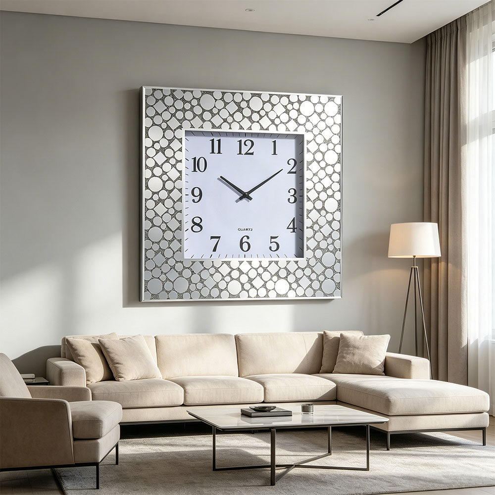 Silver simple glass European-style home wall clock, wall-mounted clock mirror, round clock, cross-border bestseller, living room decoration clock, foreign trade clock, velvet cloth, wooden home wall clock, powder-printed wall clock details Picture