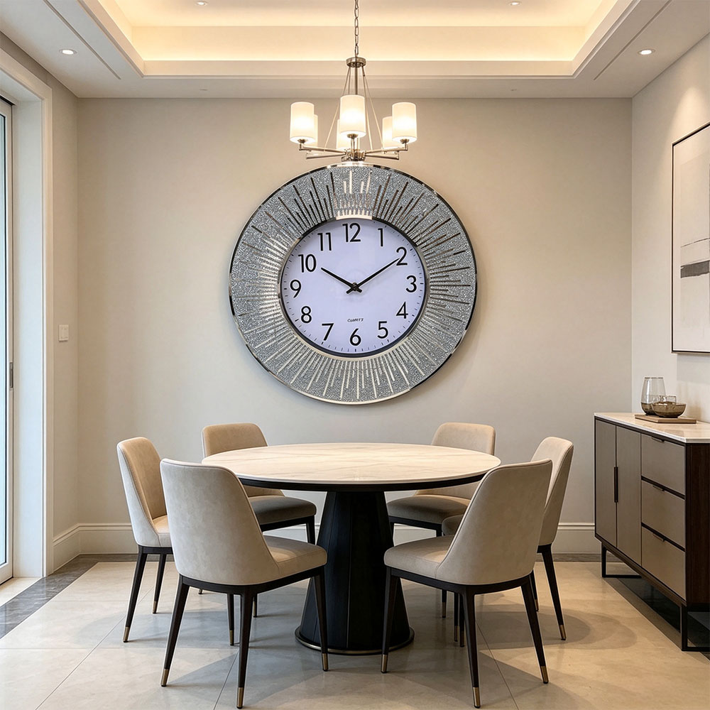 Classic silver Nordic-style silent scanning powder wall clock, silver diamond-encrusted art craft glass wall clock, art craft glass wall clock for home entrance, bedroom, hall and study Specification image