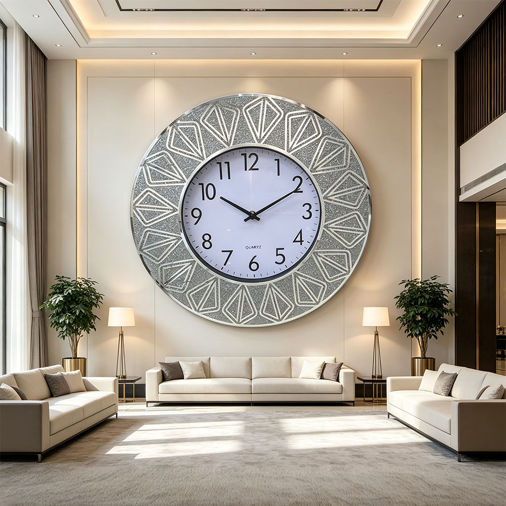 Silver diamond-encrusted artistic glass wall clock, powder-printed wall clock, artistic glass wall clock for home entrance, bedroom, hall and study, classic silver Nordic style silent countdown machine Specification image