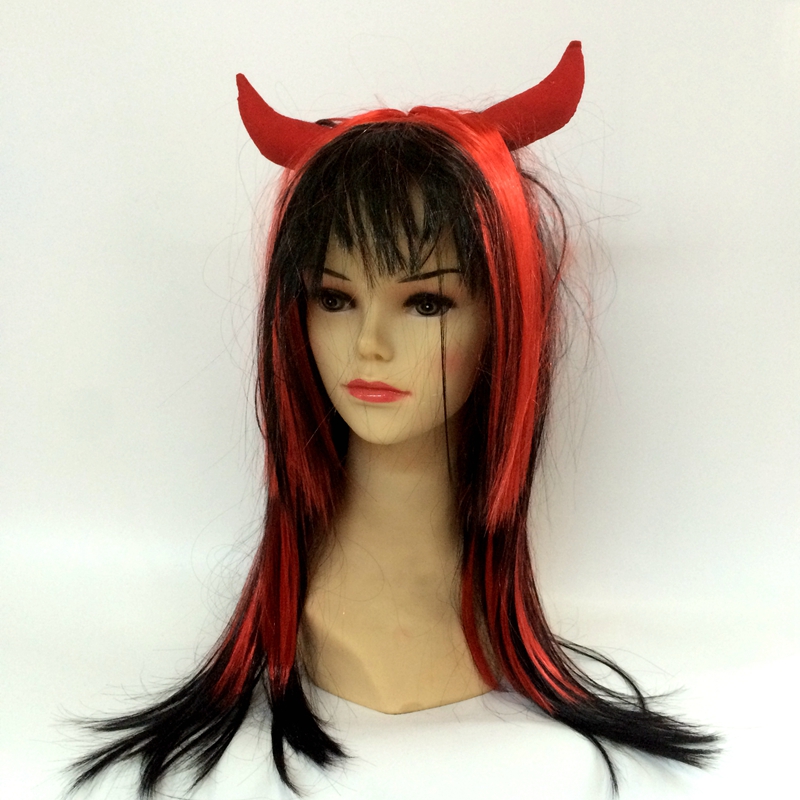 Yiwu Qianfang Toys Store's Halloween Two-color Long Straight Hair wig with ox horns Item Picture