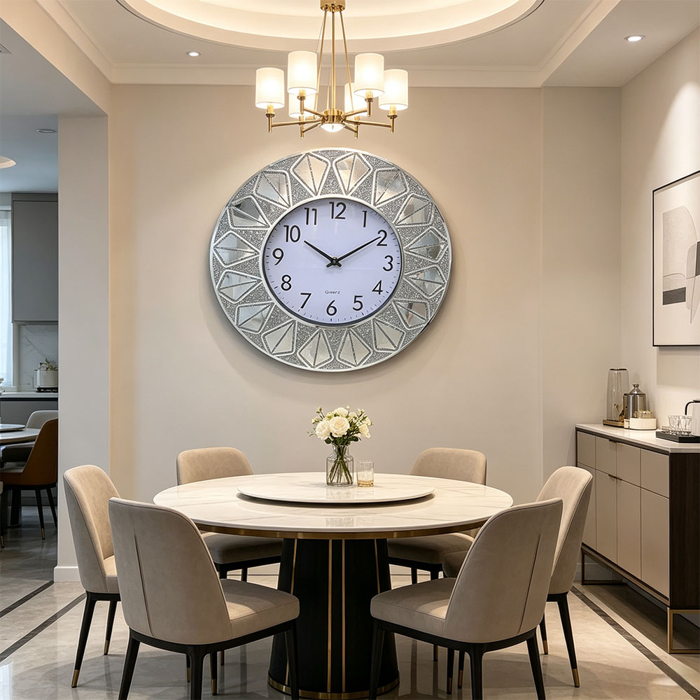 Round classic silver Nordic-style silent sweeping powder wall clock, silver diamond-encrusted art craft glass wall clock, art craft glass wall clock for home entrance, bedroom, hall and study Item Picture