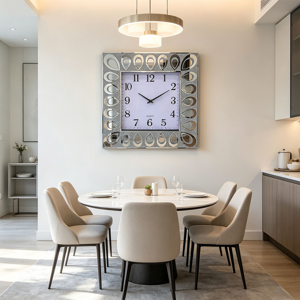 Classic silver, simple glass, European-style home wall clock, wall-mounted clock mirror, round clock, cross-border bestseller, living room decoration clock, export clock, velvet cloth, wooden home wall clock details Picture