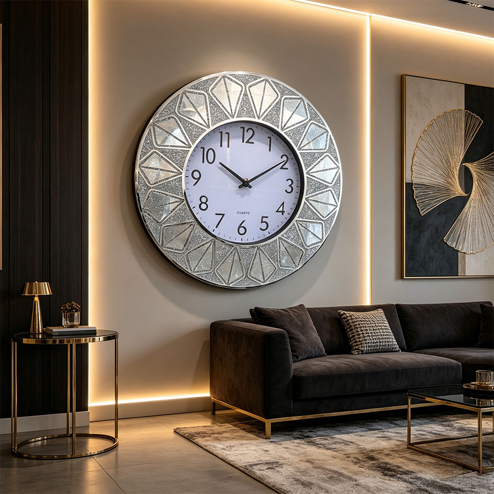 Round classic silver Nordic-style silent sweeping powder wall clock, silver diamond-encrusted art craft glass wall clock, art craft glass wall clock for home entrance, bedroom, hall and study Specification image