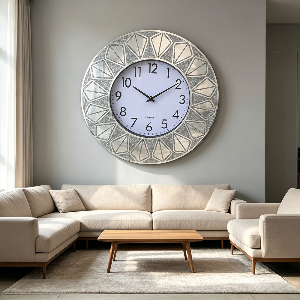 Round classic silver Nordic-style silent sweeping powder wall clock, silver diamond-encrusted art craft glass wall clock, art craft glass wall clock for home entrance, bedroom, hall and study