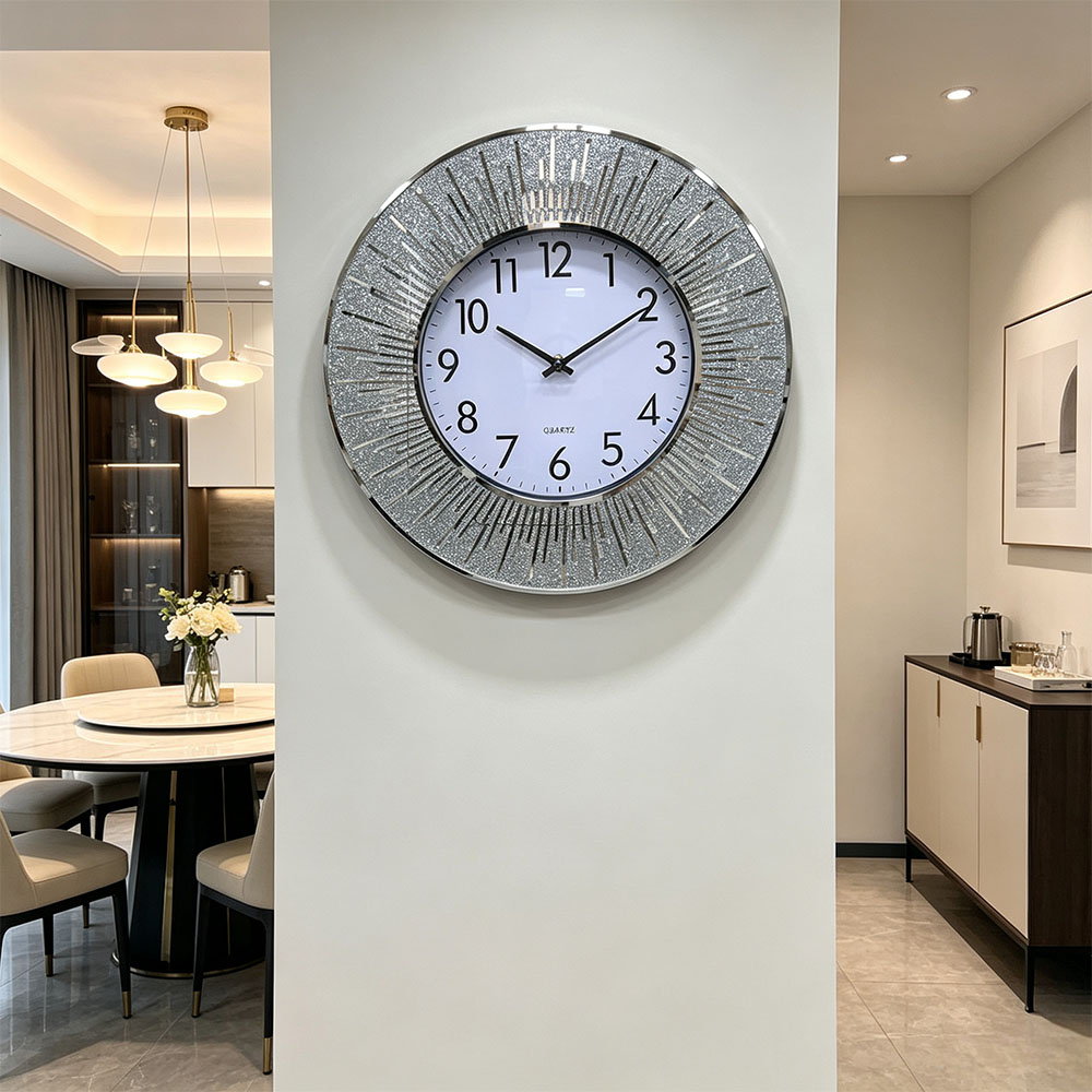 Classic silver Nordic-style silent scanning powder wall clock, silver diamond-encrusted art craft glass wall clock, art craft glass wall clock for home entrance, bedroom, hall and study