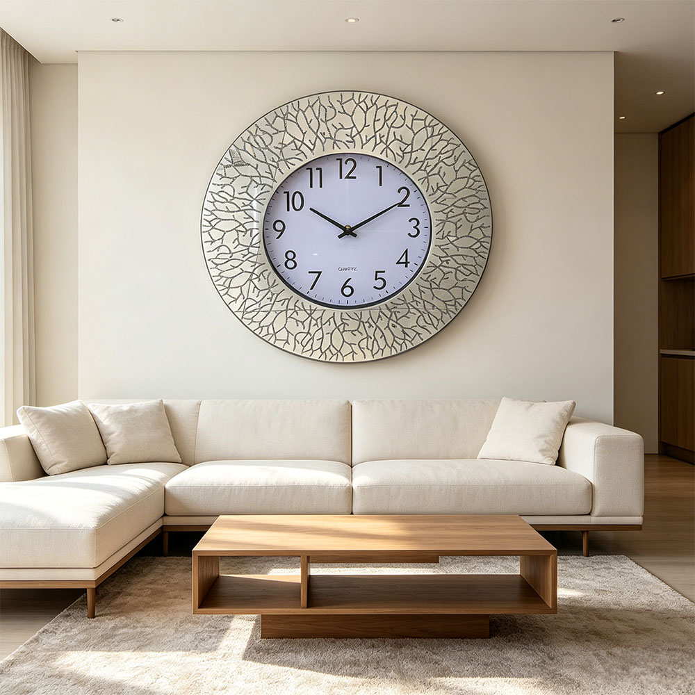 Powder-printed wall clock, silver diamond-encrusted artistic glass wall clock, home entrance, bedroom, hall, study, artistic glass wall clock, classic silver, Nordic style, silent countdown machine Item Picture