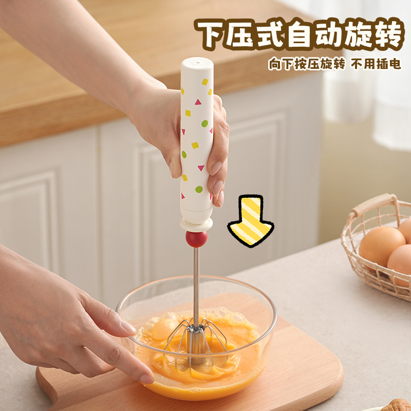Manual egg beater, stainless steel household egg whisker, push-type rotating egg whisker, baking handheld whipping stick Application Scenario