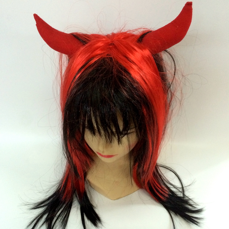 Yiwu Qianfang Toys Store's Halloween Two-color Long Straight Hair wig with ox horns details Picture