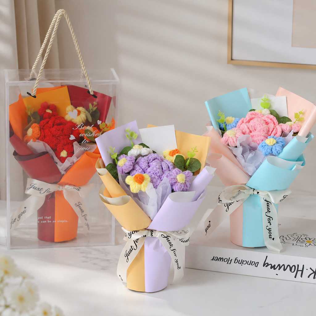 手工毛线花玫瑰康乃馨花束成品 钩织针织玫瑰永生花 节日礼品店商超供货批量定制