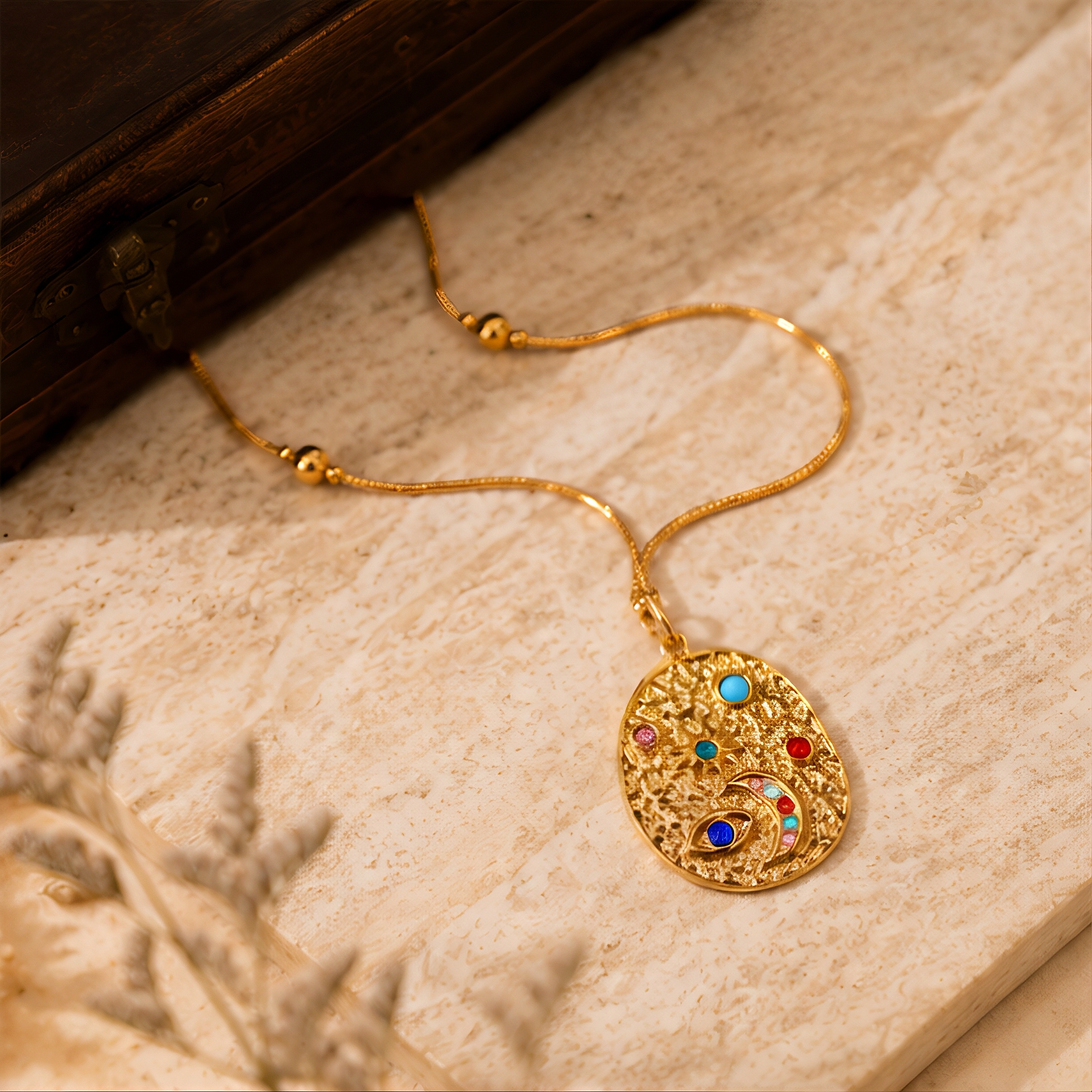 Hammered texture star and moon irregular pendant, stainless steel non-fading round bead snake bone chain, retro exotic niche, European and American personality atmosphere neckpiece