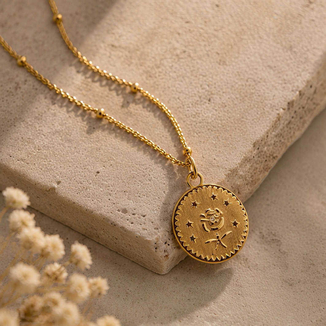 Retro golden star and moon rose relief necklace, snake bone chain, stainless steel, non-fading, gentle and artistic style, atmosphere, niche Instagram creative accessories