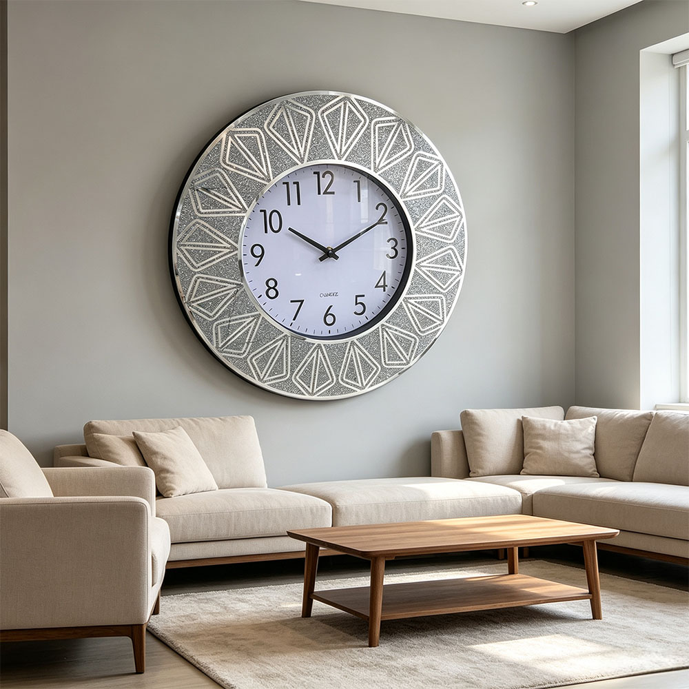 Silver diamond-encrusted artistic glass wall clock, powder-printed wall clock, artistic glass wall clock for home entrance, bedroom, hall and study, classic silver Nordic style silent countdown machine Item Picture