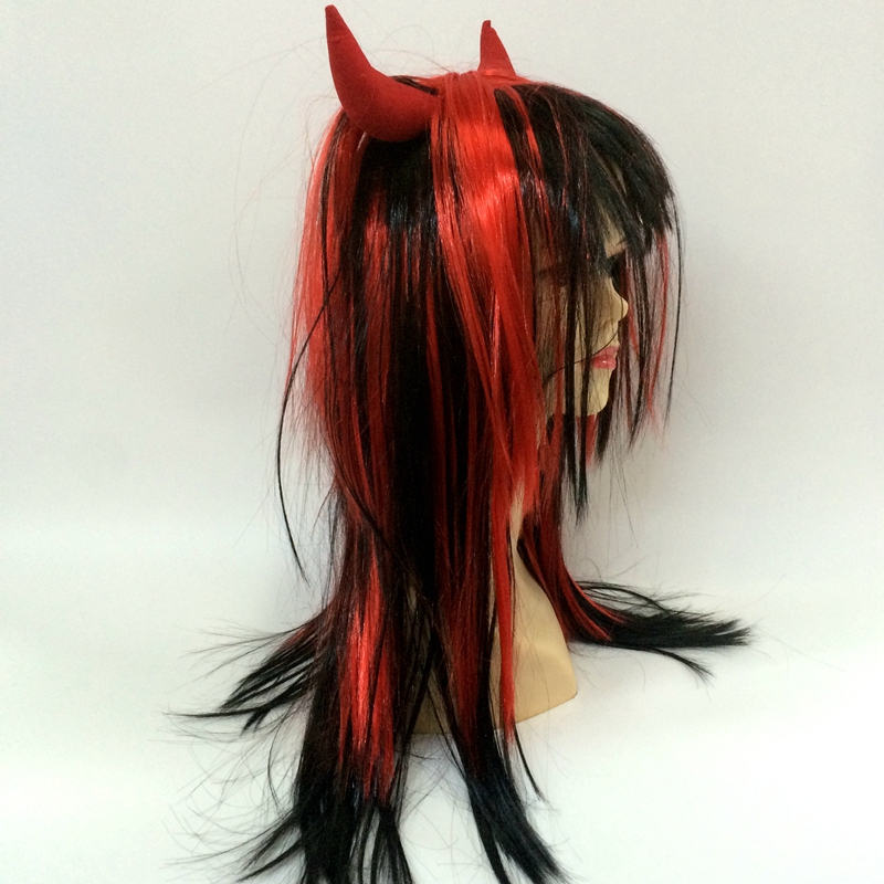 Yiwu Qianfang Toys Store's Halloween Two-color Long Straight Hair wig with ox horns Specification image