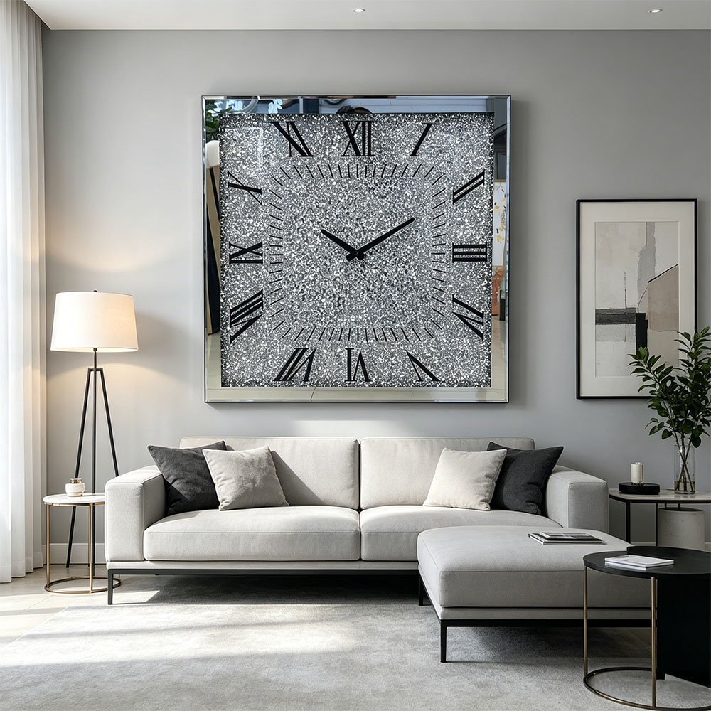 Classic and simple silver diamond-encrusted artistic glass wall clock, art glass wall clock for home entrance, bedroom, hall and study, silver Nordic style silent countdown machine details Picture