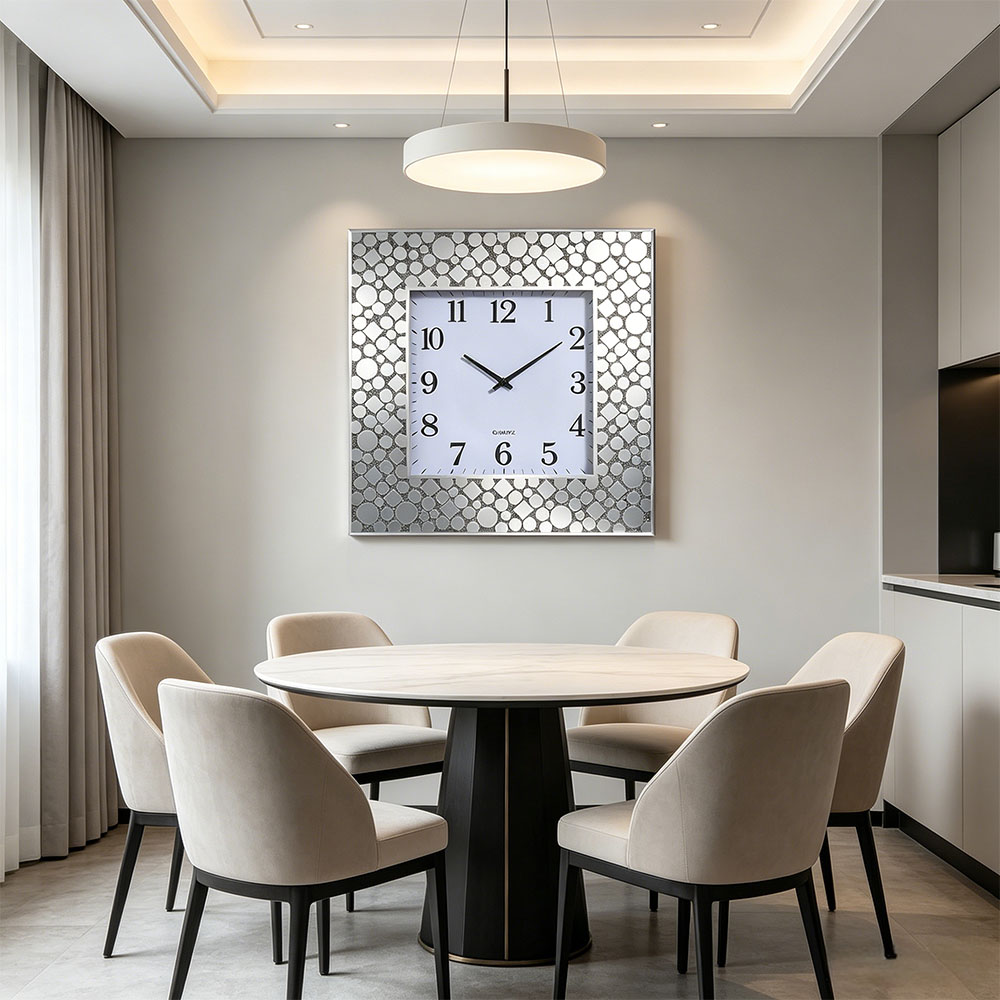 Silver simple glass European-style home wall clock, wall-mounted clock mirror, round clock, cross-border bestseller, living room decoration clock, foreign trade clock, velvet cloth, wooden home wall clock, powder-printed wall clock Item Picture