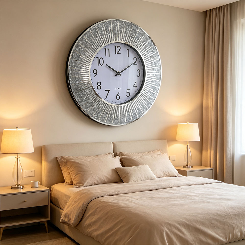Classic silver Nordic-style silent scanning powder wall clock, silver diamond-encrusted art craft glass wall clock, art craft glass wall clock for home entrance, bedroom, hall and study Item Picture