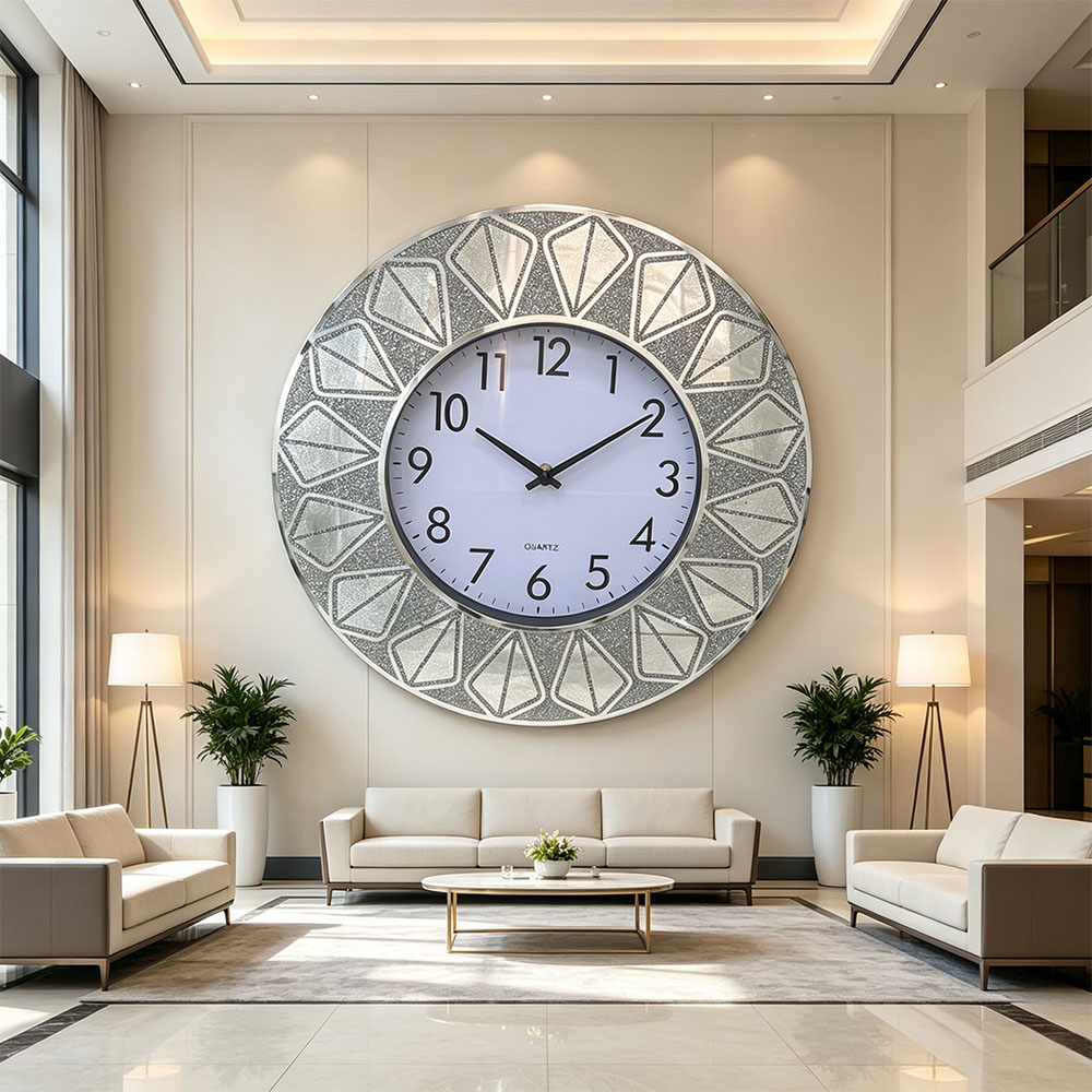 Round classic silver Nordic-style silent sweeping powder wall clock, silver diamond-encrusted art craft glass wall clock, art craft glass wall clock for home entrance, bedroom, hall and study details Picture