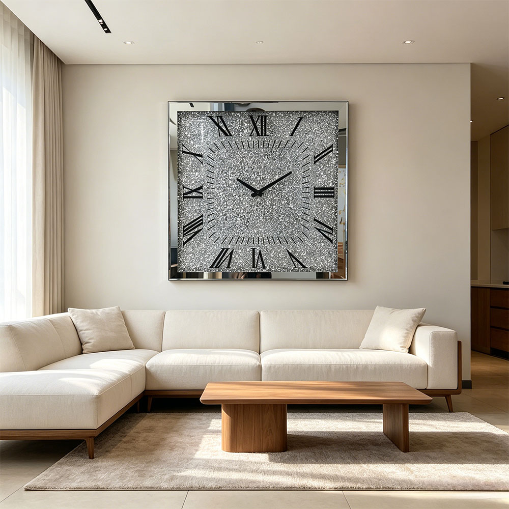 Classic and simple silver diamond-encrusted artistic glass wall clock, art glass wall clock for home entrance, bedroom, hall and study, silver Nordic style silent countdown machine Specification image
