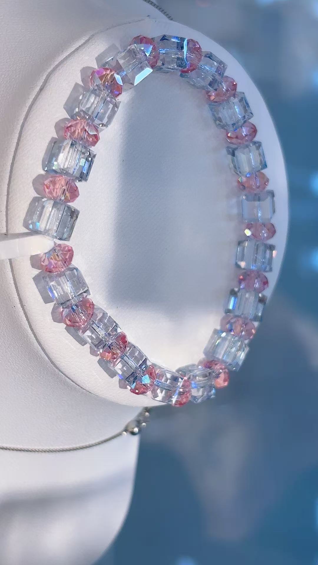 Pink transparent crystal bead bracelet, titanium steel glass crystal bracelet