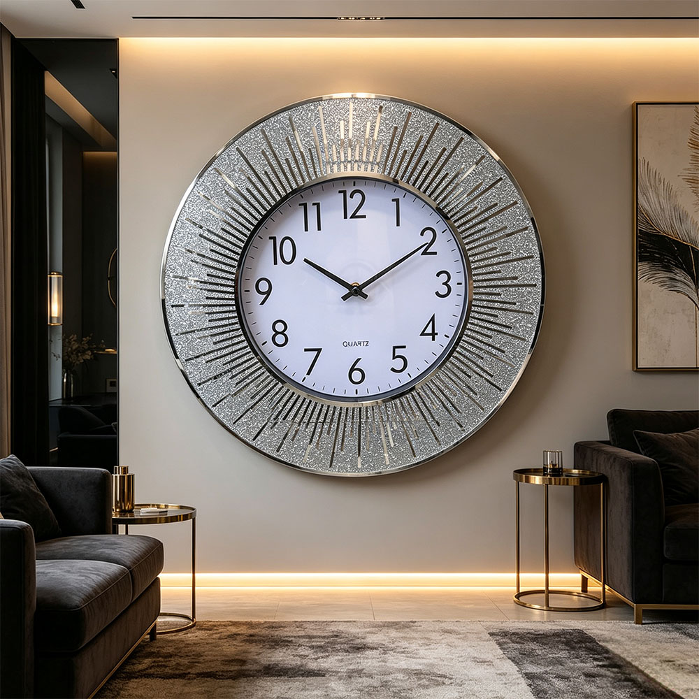 Classic silver Nordic-style silent scanning powder wall clock, silver diamond-encrusted art craft glass wall clock, art craft glass wall clock for home entrance, bedroom, hall and study details Picture