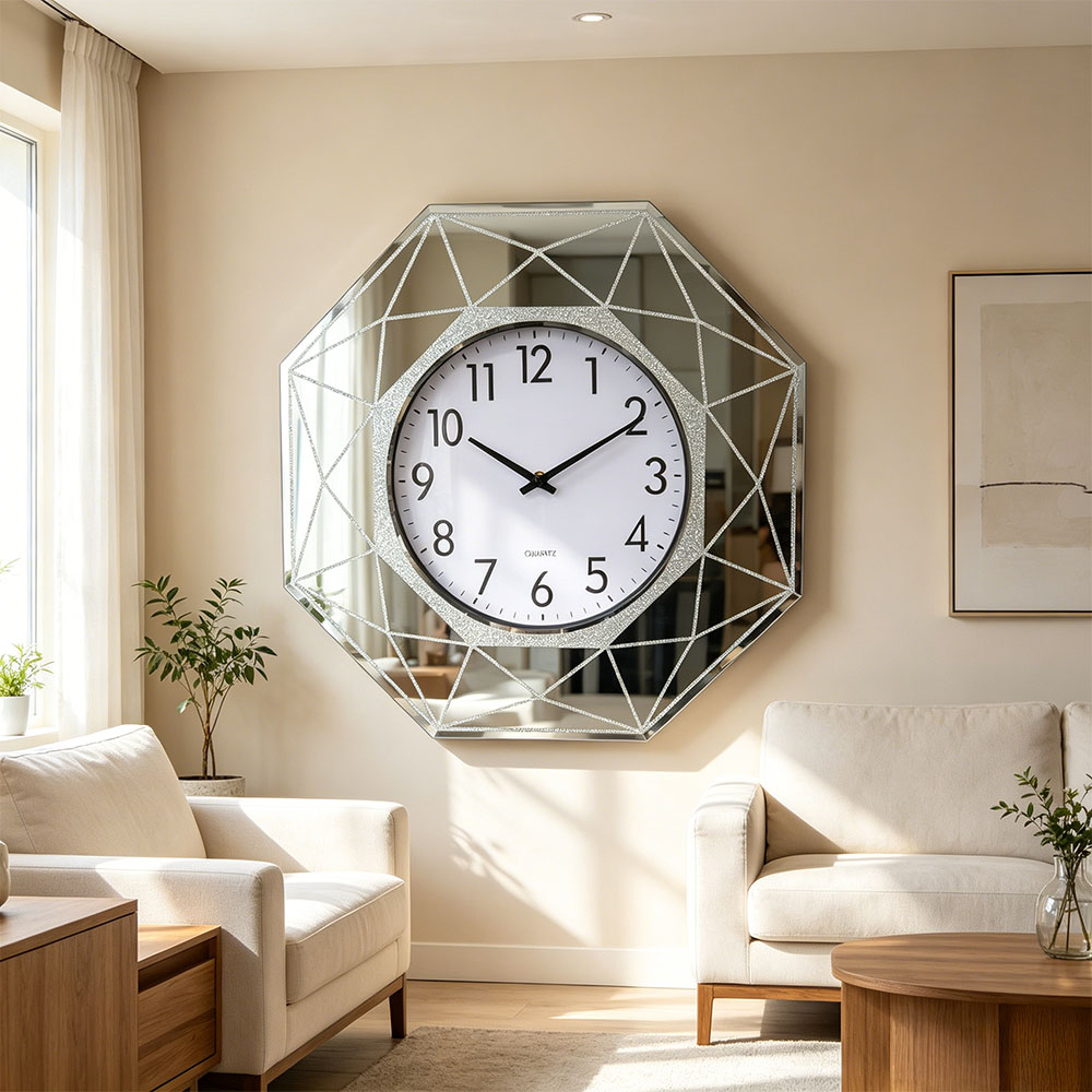 Silver simple glass European-style home wall clock, wall-mounted clock mirror, round clock, cross-border bestseller, living room decoration clock, export clock, velvet cloth, wooden home wall clock Application Scenario