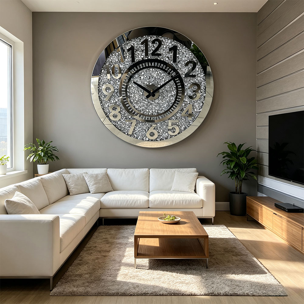 Nordic style silent second-sweeping wall clock, classic silver powder-printed wall clock, silver diamond-encrusted artistic glass wall clock, artistic glass wall clock for home entrance, bedroom, hall and study Application Scenario